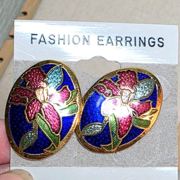 Vtg 1980s Cloisonne Floral Enamel Oval Pierced Earrings Cobalt Blue Gold Boho - Picture 1 of 4